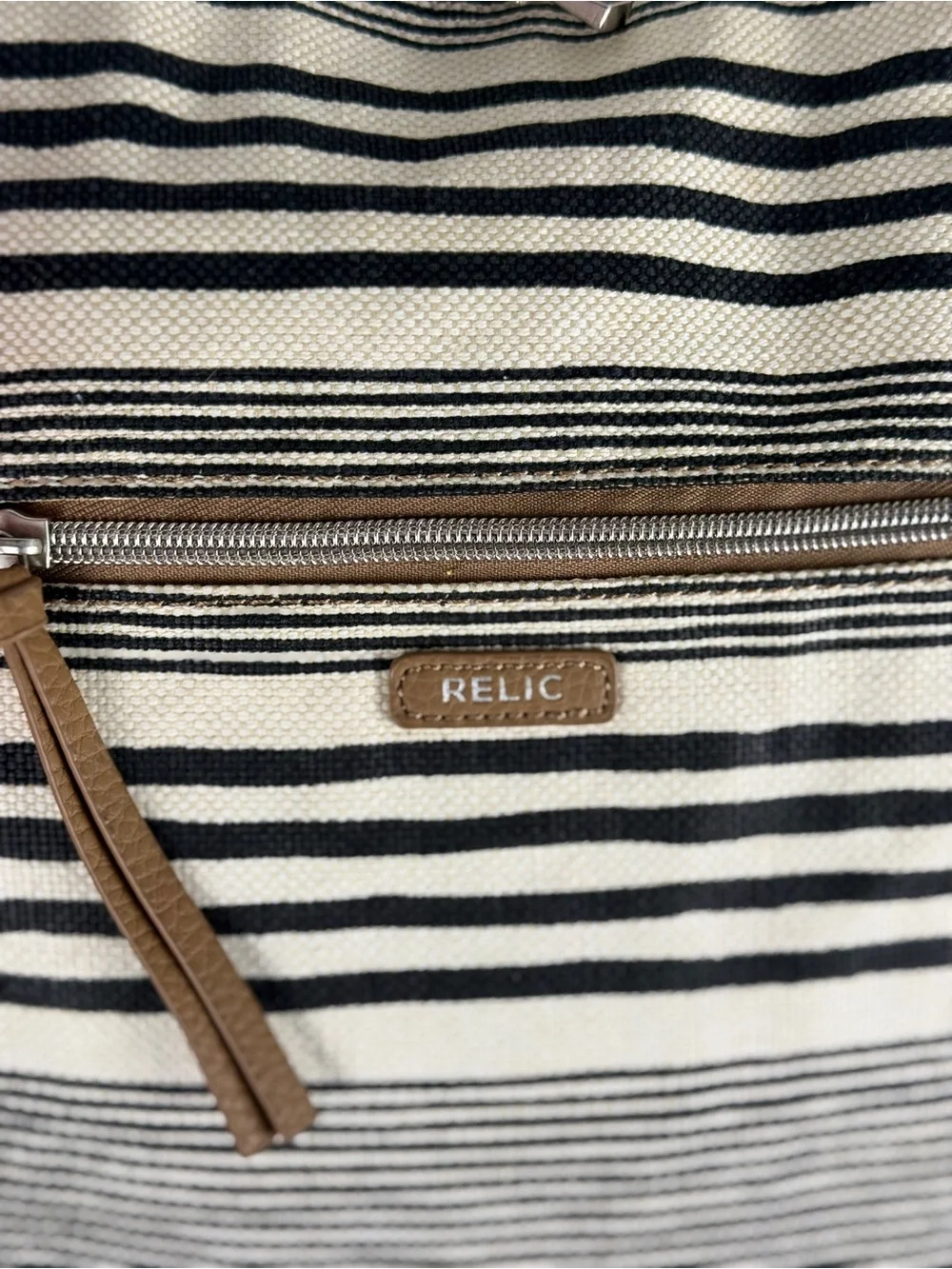 Relic Striped Black & Cream Canvas Backpack Purse with Tan Trim - EUC